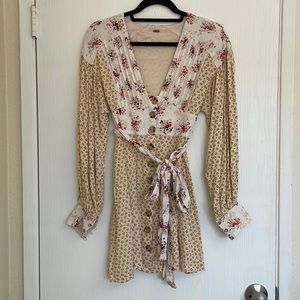 Free People Mini multi pattern button up dress w balloon sleeves tie waist